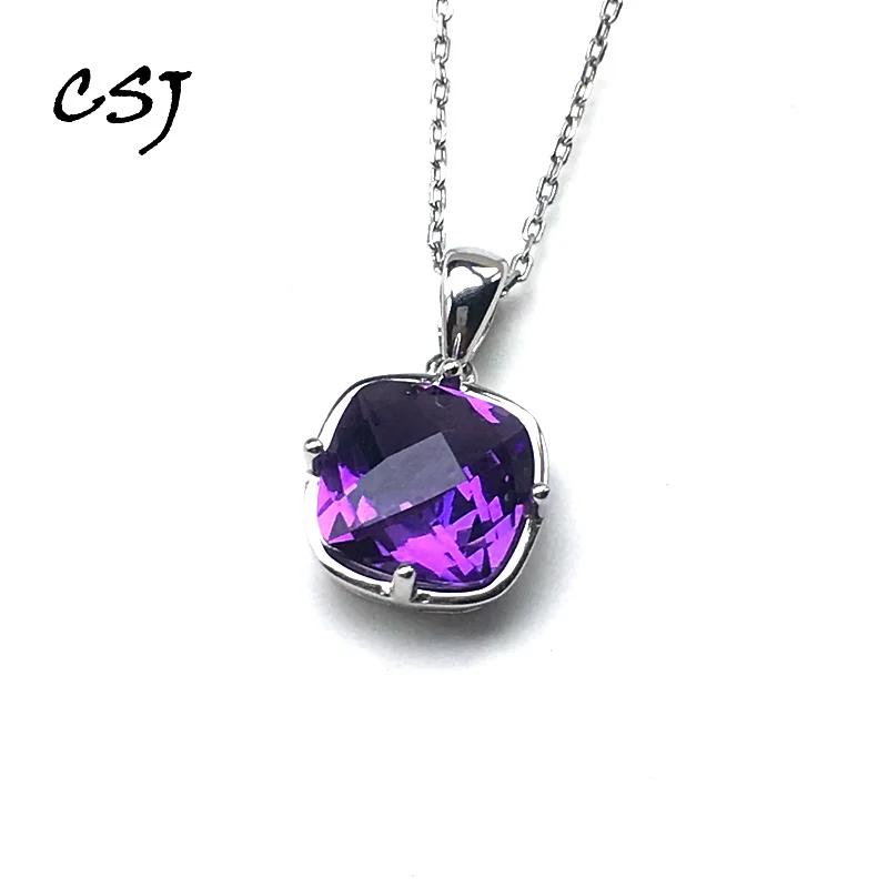 

CSJ Natural Amethyst Pendant in 925 Sterling Silver Gemstone Necklace Fine jewelry for Women wedding gift box free express