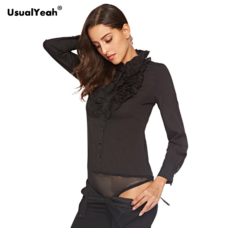 Blusa elegante de pescoço babados para mulheres, estilo coreano, tops corporais, camisa de manga comprida, bege, preta, senhoras do escritório, S -