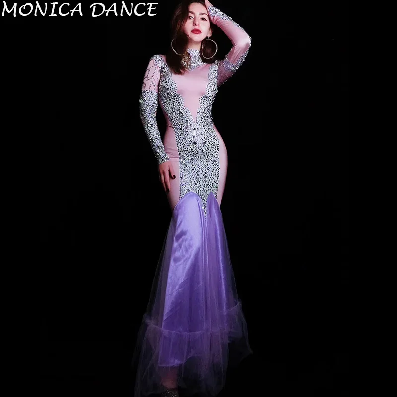 Women Sexy Stage Flashing Rhinestones Purple Dress Women Birthday Celebrate Outfit Singer Dancer Dress Evening Long Dress