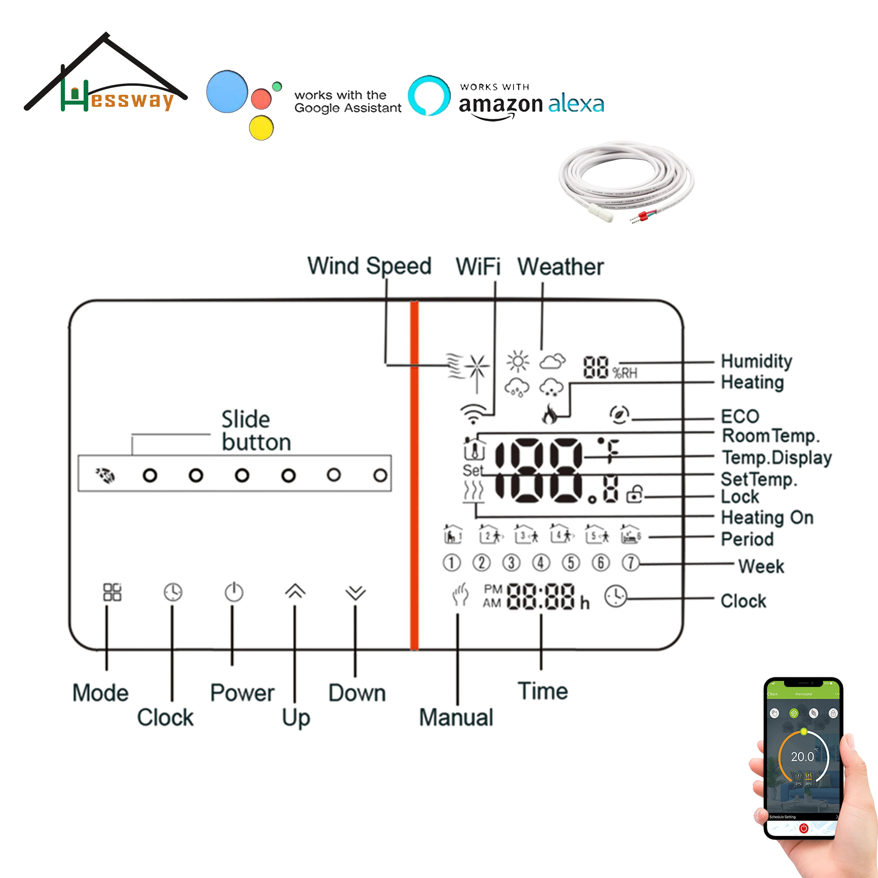 HESSWAY WIFI Heating Thermostat Google Home Control for 24V 220V Floor Underfloor Dry Contact NC/NO 16A Electric Heating