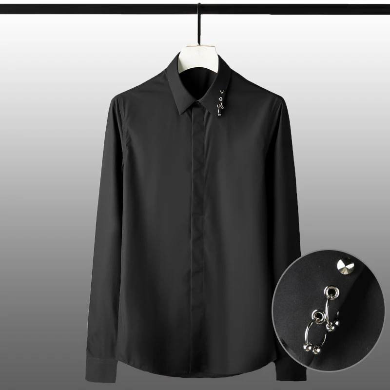 

Man Solid Color Mens Shirts Luxury Metal Decoration Long Sleeve Mens Dress Shirts Fashion Slim Fit Male Shirts Plus Size 4XL