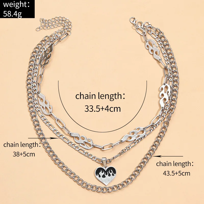 Punk Silver Plated Multilayer Chains Flame Pendant Necklace Fashion Hip Hop Enamel Heart Short Collar For Women Men Gift Jewelry