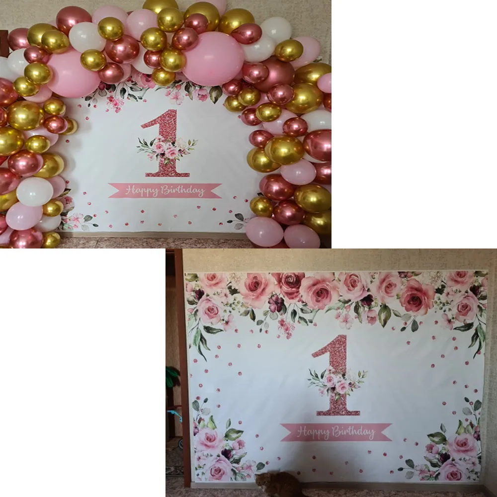 1st誕生日の女の子背景ローズゴールド花パーソナライズ写真撮影フォトスタジオの背景装飾バナー