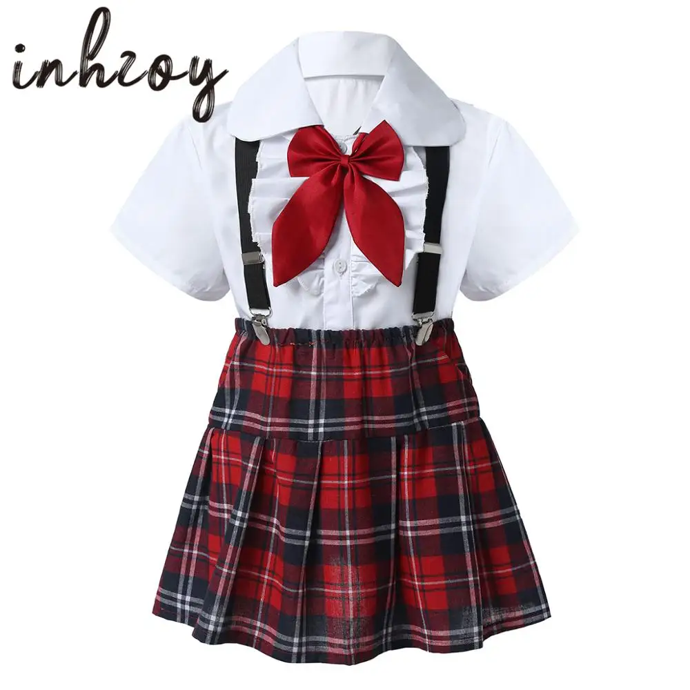 Kids Girls Choir Costumes Dance Stage Performance Suit Student School Uniforms Short Sleeve Shirt Tops Suspenders Plaid Skirt