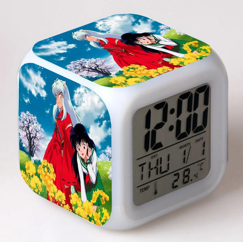 Jam Alarm Digital LED kartun Inuyasha, Jam Alarm Digital, 7 warna, lampu malam, kamar tidur, Jam meja, Alarm, despertador