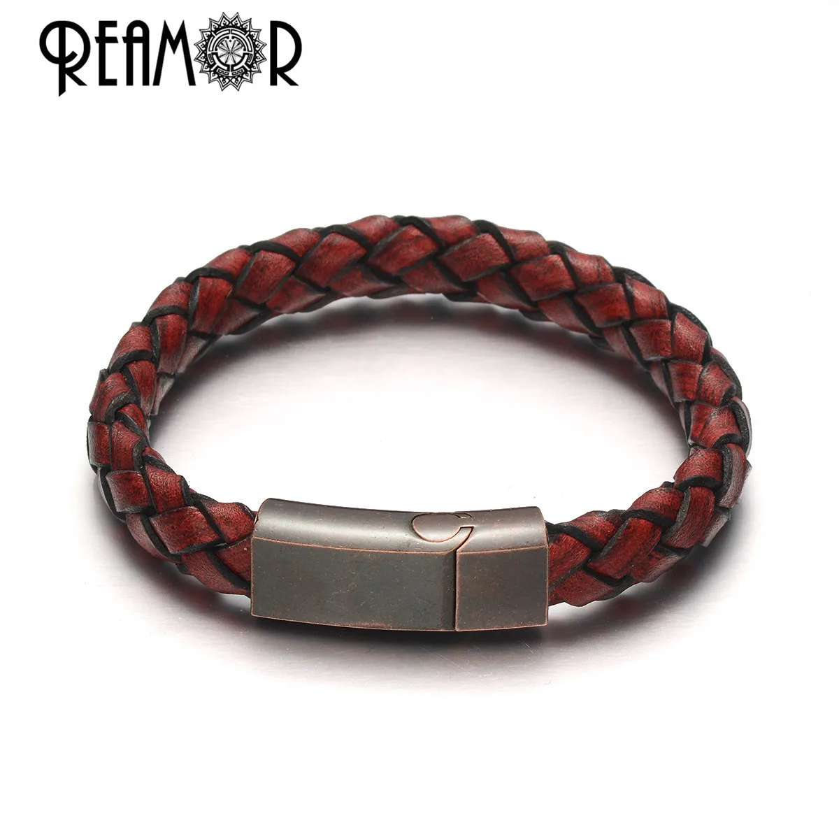 REAMOR 100% Genuine Leather/PU Braided Bracelet with Stainless steel Magnetic Clasp Bracelets Bangle for Men Jewelry Gifts