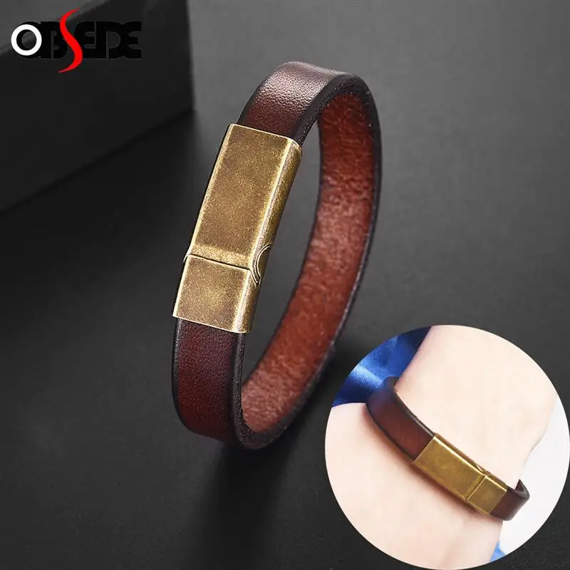 Vintage Brown Genuine Leather Men's Bracelet Stainless Steel Magnetic Clasp Man Bracelets Fashion Punk Rock Male Jewelry Gift