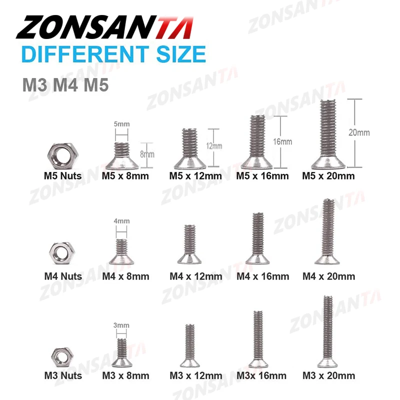 ZONSANTA 440pcs Hex Socket Flat Head Screws Bolts and Nuts Set M3 M4 M5 304 Stainless Steel Mechanical Bolt Furniture Screws