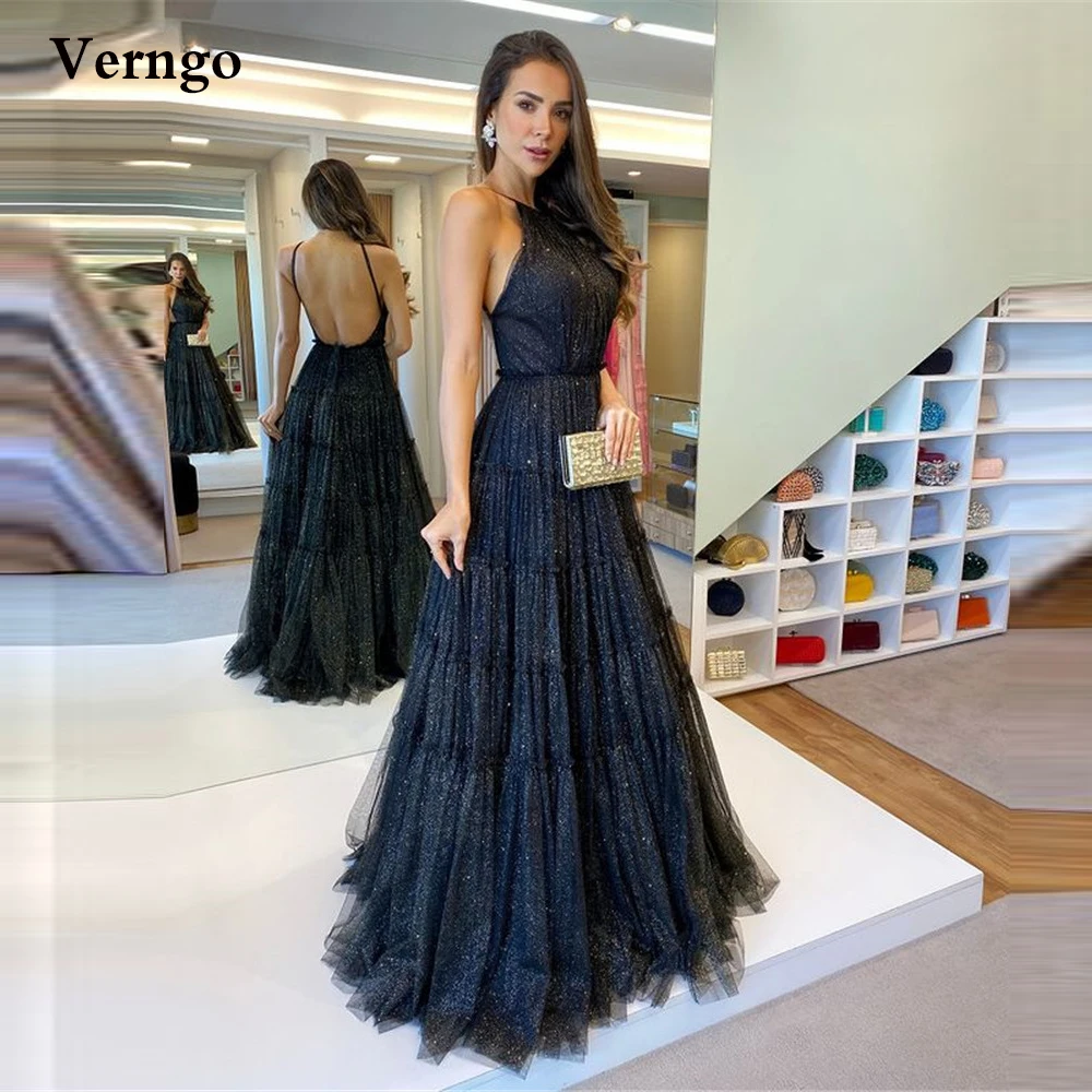 Verngo Sexy Backless Glitter Prom Jurken Halter Een Lijn Lange Avondjurken Vrouwen Formele Party Speciale Gelegenheid Jurk Plus Size