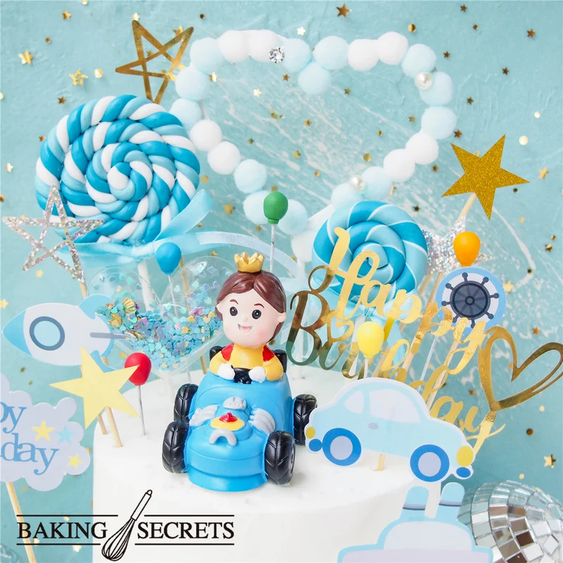 Decoración Para pastel de principito, decoración para pastel de feliz cumpleaños, Topper para pastel de niño azul, decoración para fiesta de Baby Shower, adornos para cupcakes de Príncipe zorro