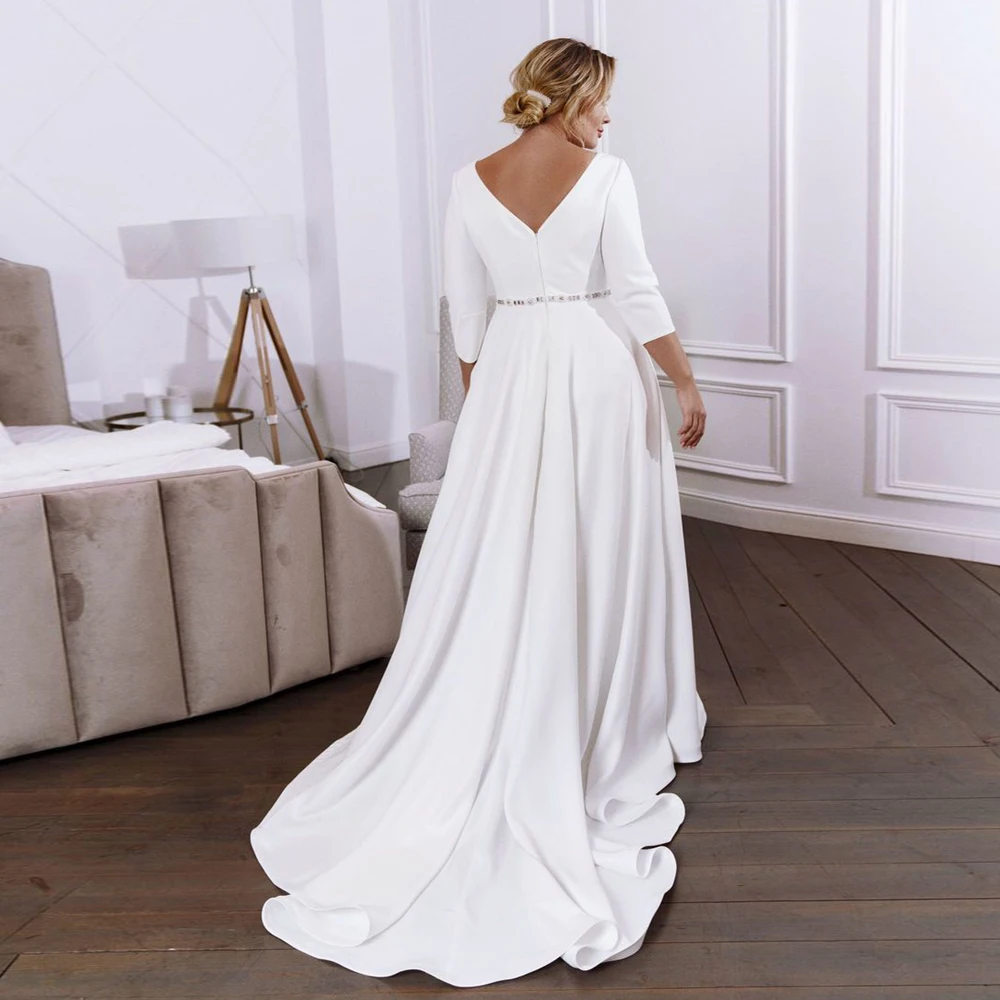 Plus Size Wedding Dresses Simple Satin Vintage 3/4 Sleeves Bridal Gown with Pockets Floor Length Beaded Belt Vestido De Noiva