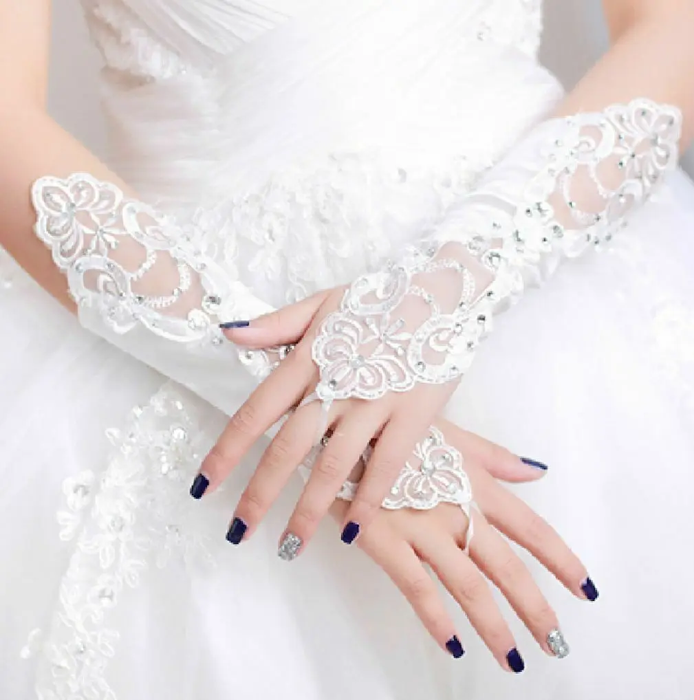 LACE WEDDING BRIDES SATIN RHINESTONE CRYSTAL LONG GLOVES