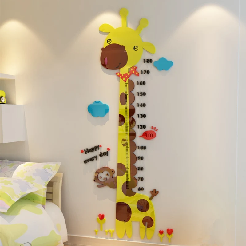 Cute Cartoon Giraffe Height Measure Wall Stickers For Kids Rooms Large Size Removable 3d Acrylic Height Ruler Kids Wall Sticker