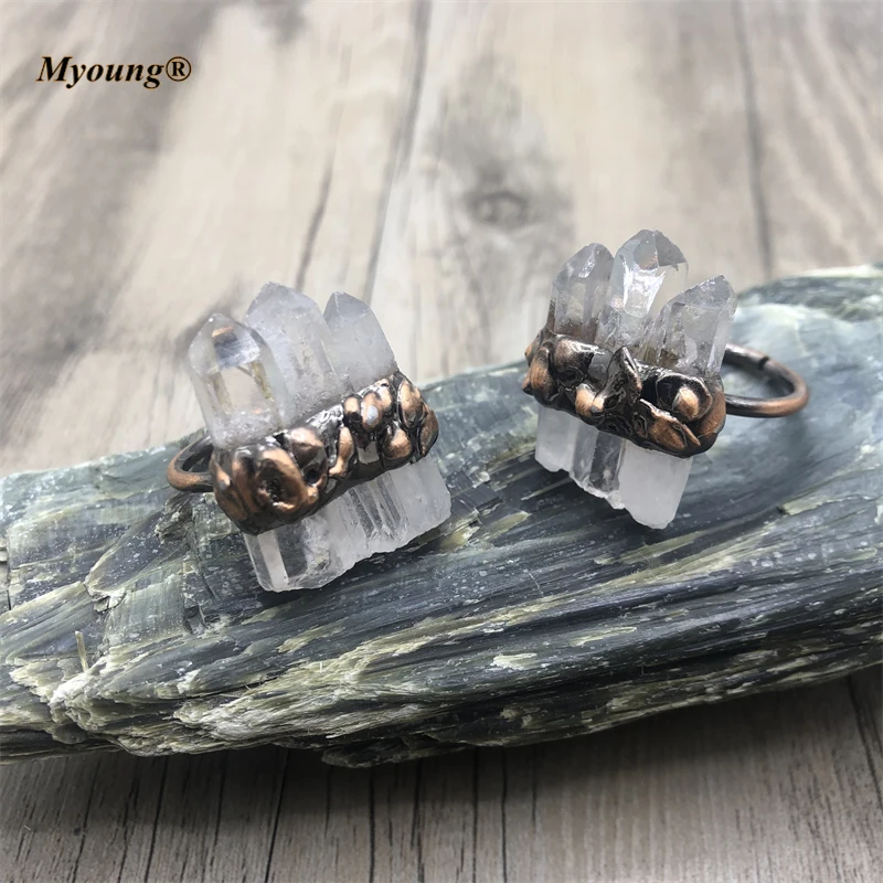 10PCS Antique Copper Bezel Raw Crystal Point Rings Healing Clear Quartz Stick Bronze Adjustable Ring Bohemia Jewelry MY210550