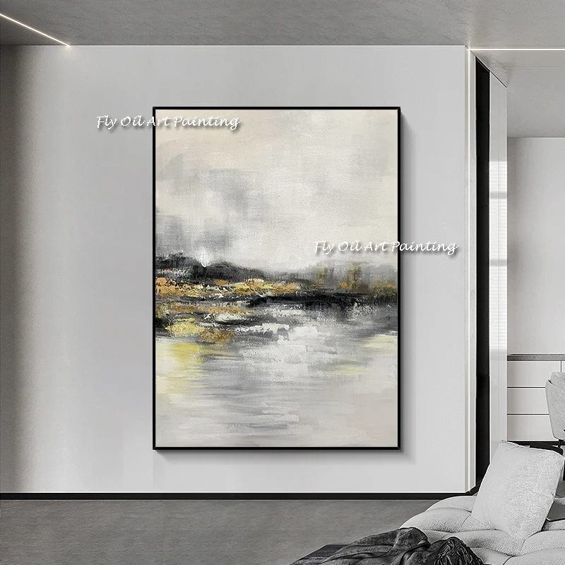 River Scenery Hand Painted Oil Painting Art Wall on Canvas Paintings Wall Decor For Office Home Gray Landscape No Framed Graph