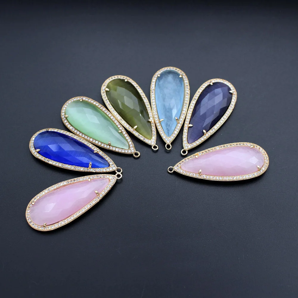 

10pcs Faceted Drops Blue Pink Green Cats Eye Stone Pendant Teardrop CZ Charms DIY Trendy Necklace Earrings Jewelry Making