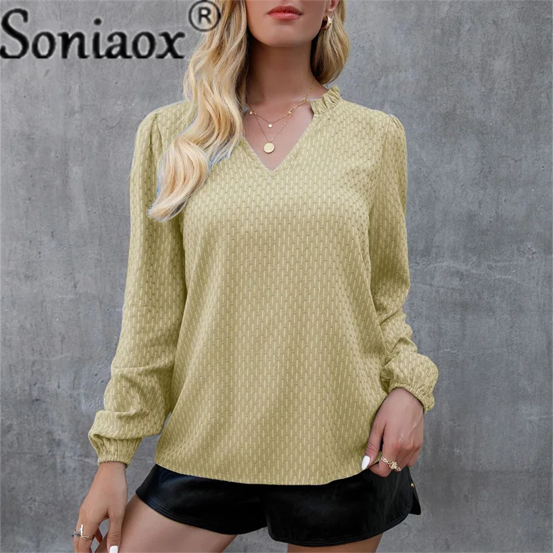 Women's Shirt Solid Long-Sleeve Blouse 2021 Autumn New Slim Sexy V-Neck Elastic Puff Sleeve Ladies T Shirt Ruffle Neck T-Shirts