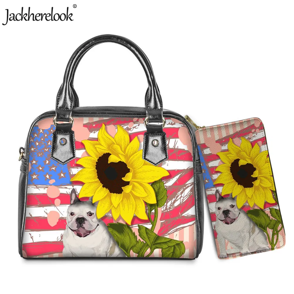 

Jackherelook American Flag Animal Dog Floral Pattern Women Handbag Crossbody Bag Clutch Wallet Set Female Leather Handle Bag