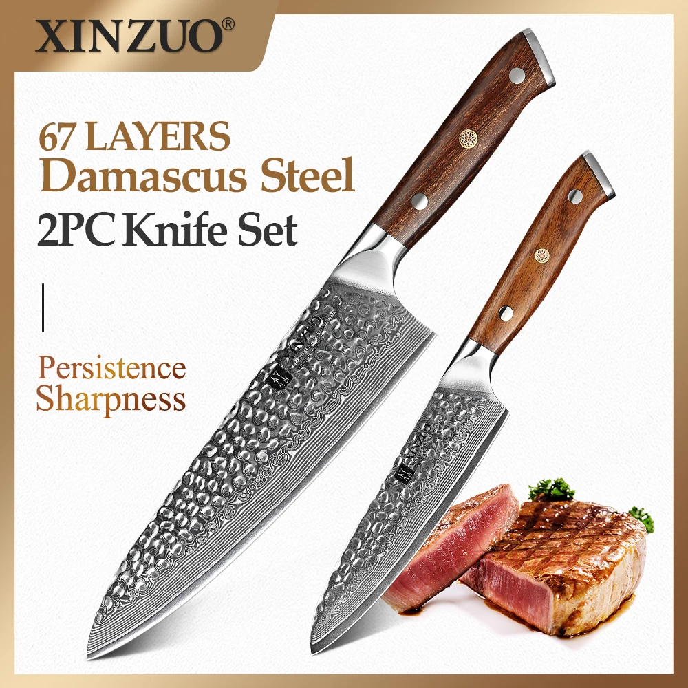 

XINZUO 2PCS Kitchen Knives Set Ironwood Handle Japanese Professional vg10 Chef Utility Knife Newest Damascus Steel Kitchen Knife