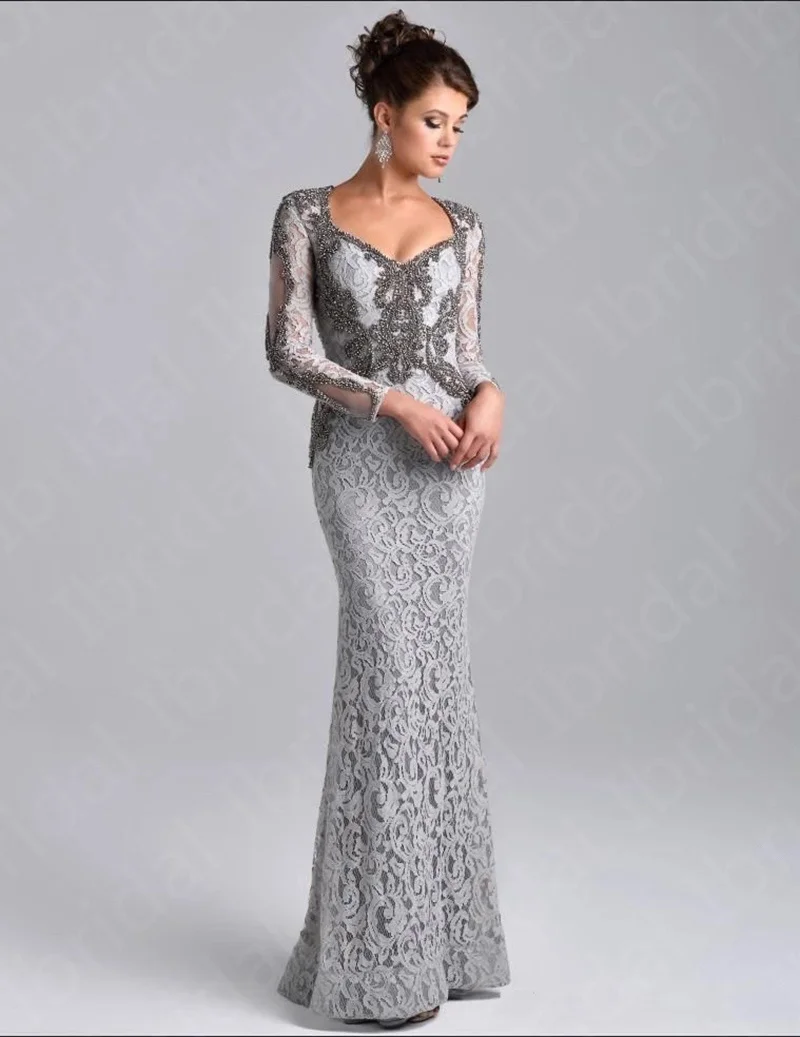 Ultima elegante sirena d'argento madre della sposa abiti in pizzo maniche lunghe scollo a V perline corpetto abiti da sposa 2023