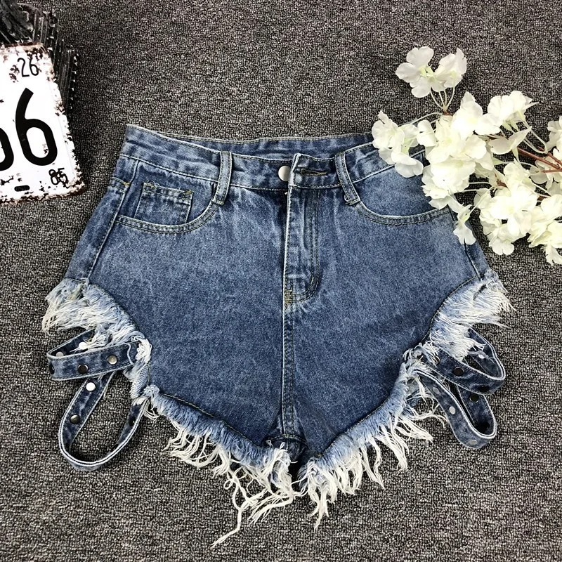 

High New Street Lady Fashion Short Jeans Women Washed Black Blue Denim Shorts Tassel Bandage Harajuku Shorts Female Spring