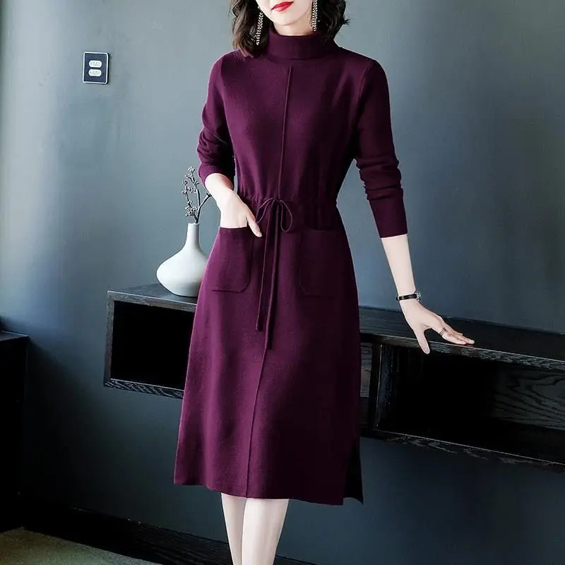 Red Knitted Cotton Turtleneck Midi Sweater Dress Autumn Winter Thick Warm Sweaters 2024 Korean Vintage Elegant Bodycon Sweaters