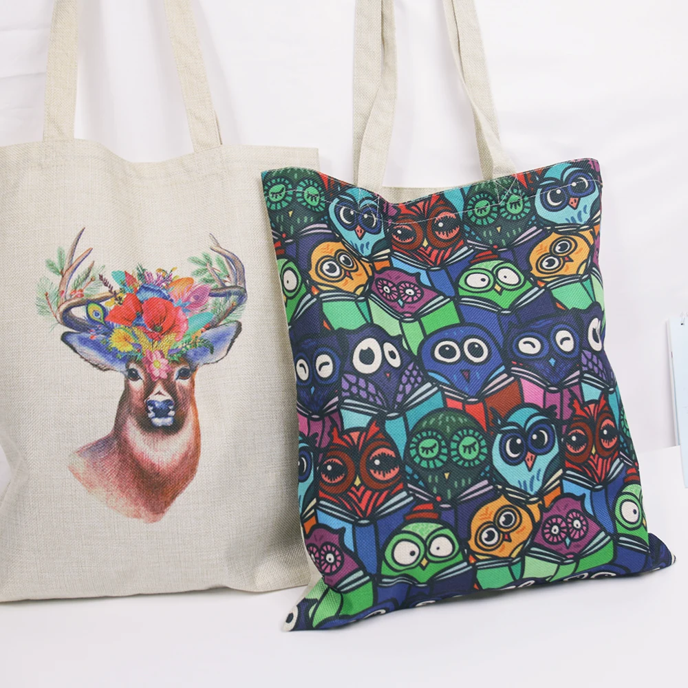 Soft Linen Cotton Beach Bags Vegan Fabric Shopping Bags with Cute Owls Deer Printing