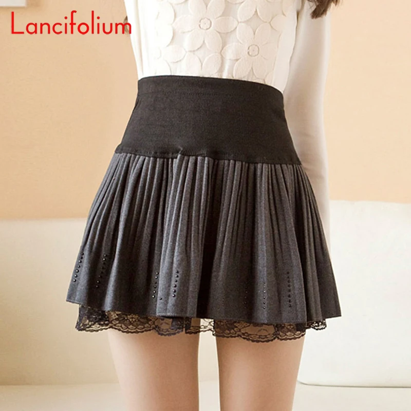 Harajuku Japanese Schoolgirl Kawaii Tutu Skirt Women Spring Winter 2021 Pleated Tutu Tulle High Waist Lace Black Woolen Skirt