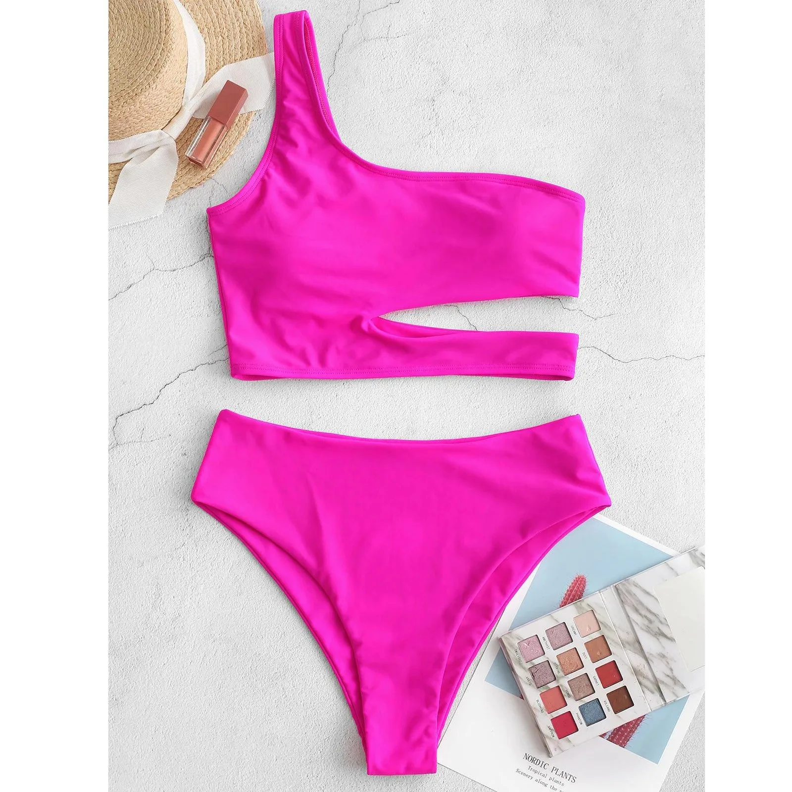 Women's One Shoulder Bikini Set Solid Color High Waisted Tummy Control Two Piece Swimsuit Swimwear Beachwear biquini Купальники