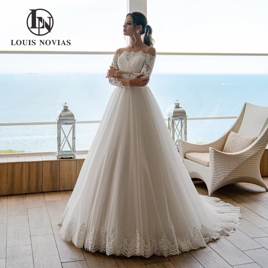 LOUIS NOVIAS vestido de novia corte a Sexy elegante con hombros descubiertos manga larga Apliques de encaje cuello barco vestido de novia de princesa