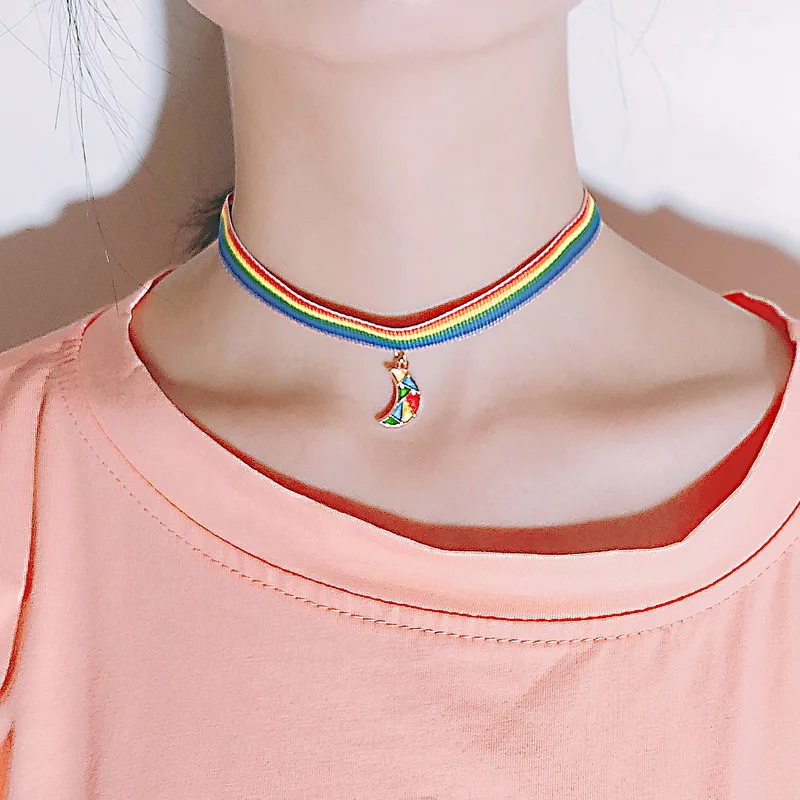 Charm Rainbow LGBT Choker Necklace for Women Couple Water Drop Moon Pendant Clavicle Chain Couple Lover Friendship Jewelry