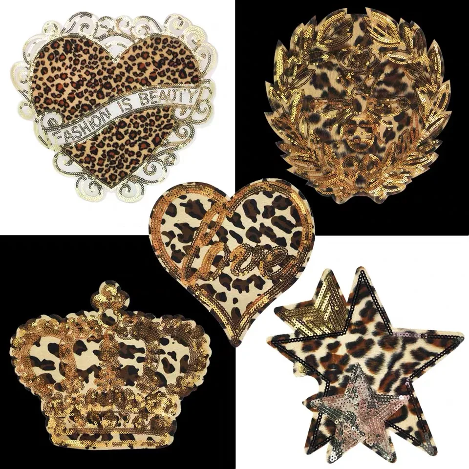 2piece sequin leopard flower crown bee star love patch embroidery applique DIY sewing accessories patch sewn on clothes