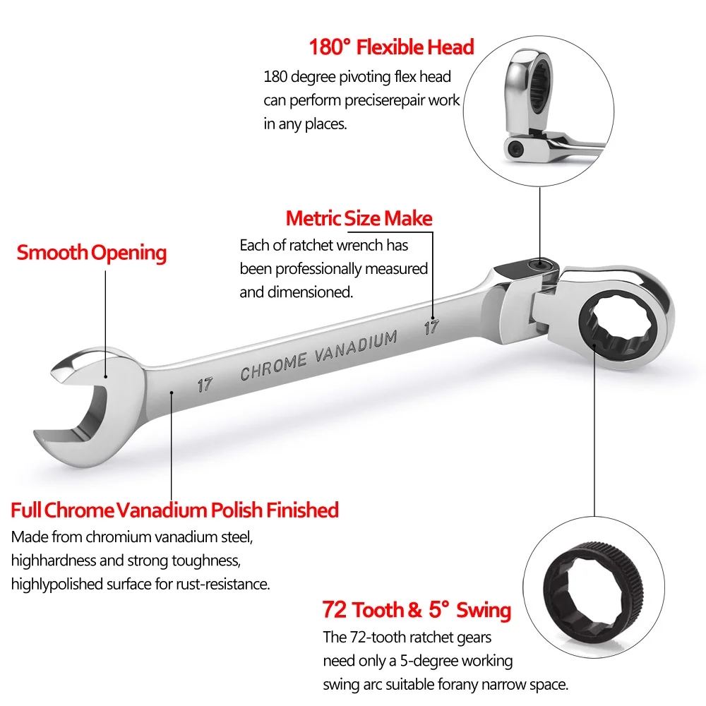 Set of Keys Flexible Combination Spanner Set Metric Professional Chrome Vanadium Steel Ratchet Wrenches Car Repair Tool Set