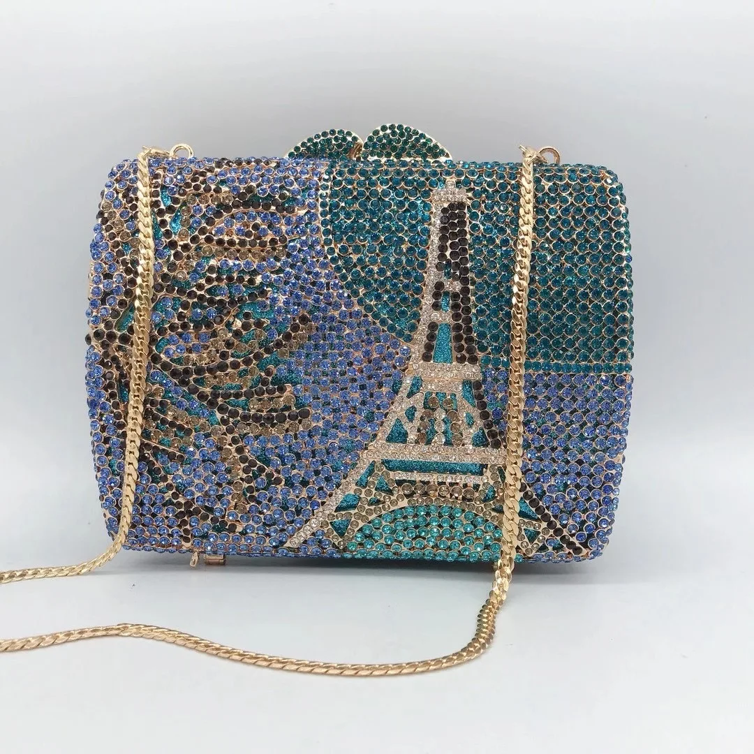 2025 Tower Diamond Evening Bag Gold Metal Clutch Blue/Green Rhinestone Diamond Minaudiere Designer Women’s Crystal Party Purse