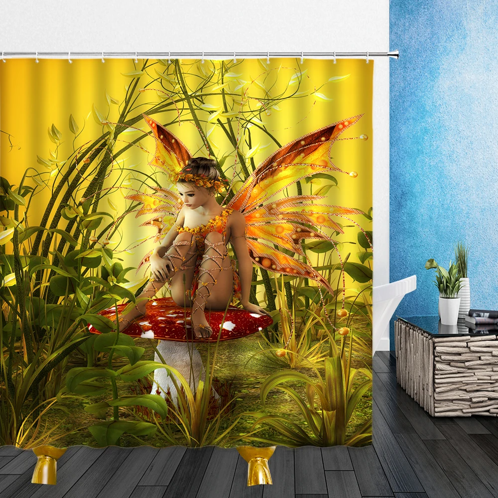 Cartoons Shower Curtains Flower Fairy Beautiful Wing Girl Elves Animal Rabbit Bathroom Decor Home Bathtub Waterproof Polyester