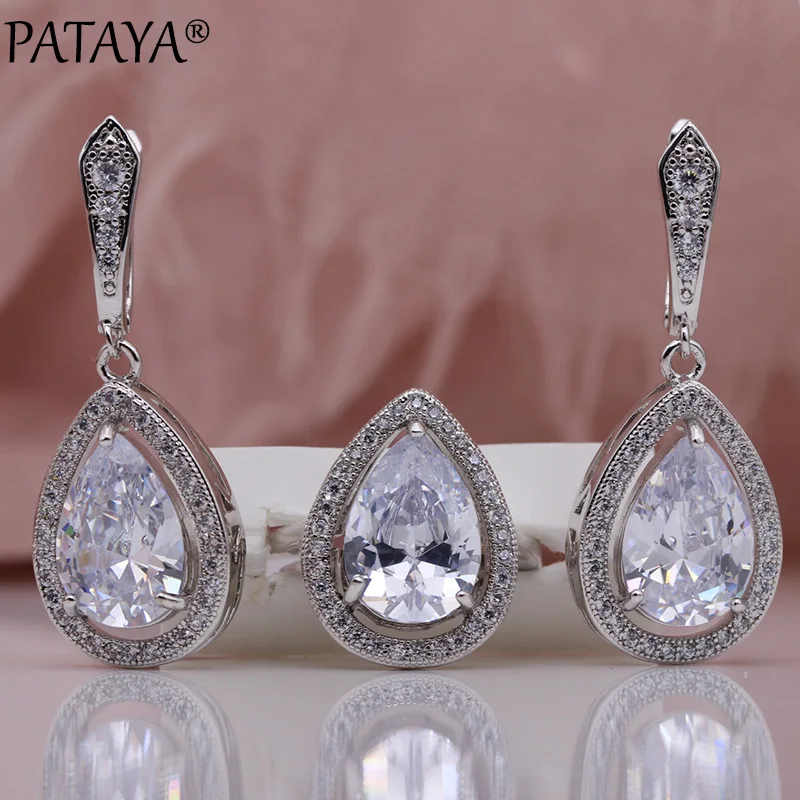 PATAYA New Water Drop Jewelry Set Light Blue Natural Zircon Earrings Ring Sets White Gold Color Women Hollow Wedding Fashion