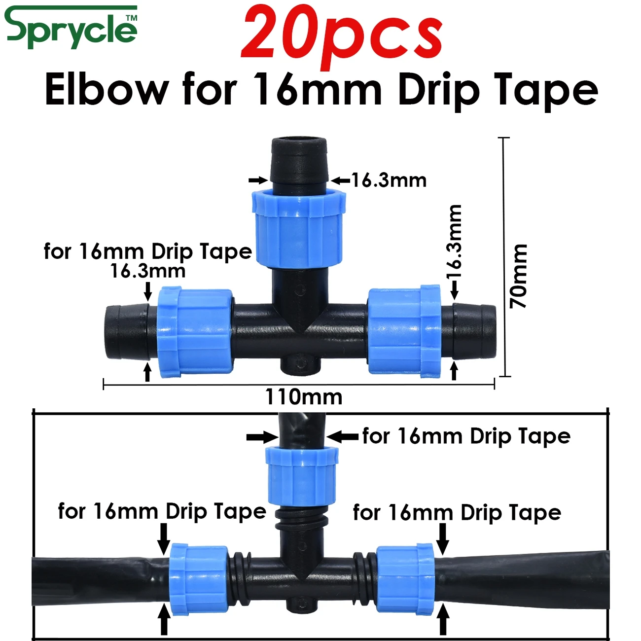 SPRYCLE 5/8'' Irrigation Drip Tape Tee Connector 16mm Hose Joints Shut-Off Valve Elbow End Plug Thread Lock Garden Watering Pipe
