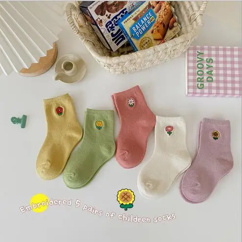 Girls socks 5Pairs/Lot 1-12Year Autumn flower embroidery small flower baby socks cute girls tube socks