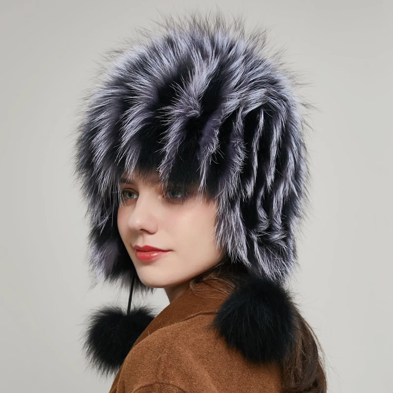 JKP 100% Fashion Women Winter Natural Silver Fox Fur Knitted Cap Female Real Fox Fur Bomber Hat Ear Warm Winter Caps