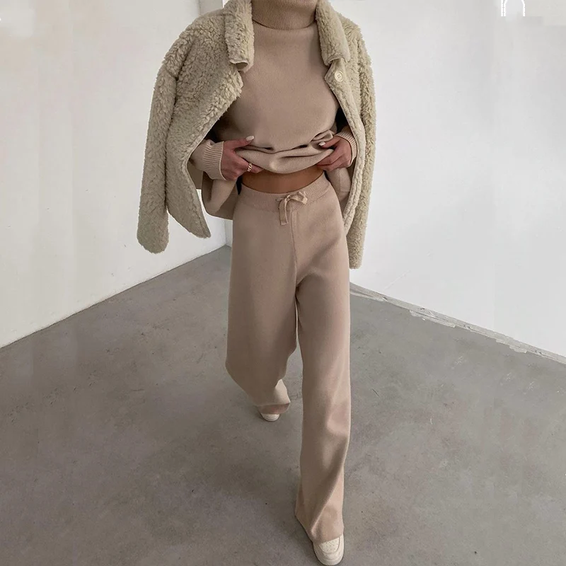 Elegant Fashion Fleece Outfit Women 2021 Autumn Winter Turtleneck Tops And Wide Leg Pants Suits Casual Solid Two Piece Set Femme