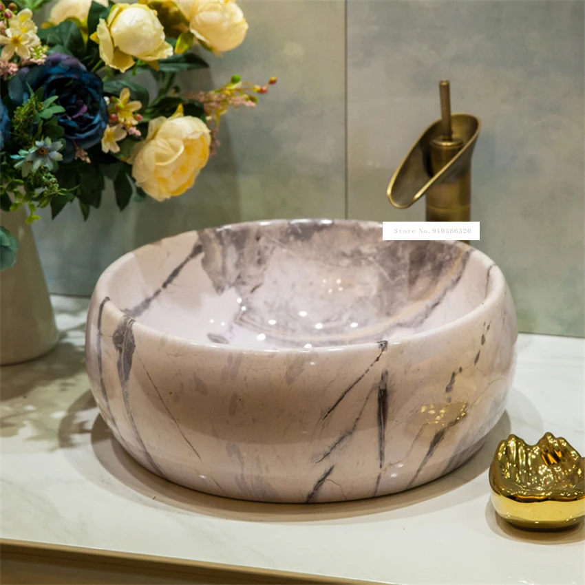 Room Basin Bowl Toilet Single Hole Above Counter Basin Bathroom Round Hand Wash Basin Art Tree-Texture Ceramics Sink Washing