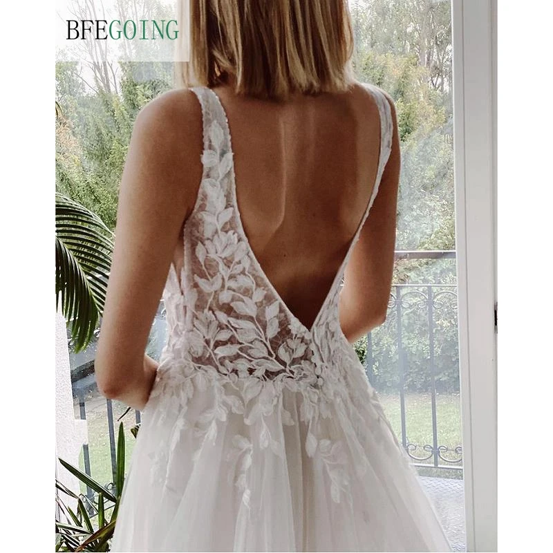 Robe de mariée en Tulle Organza blanc, avec Appliques en dentelle, longueur au sol, ligne a, traine de chapelle, col en v, sans manches