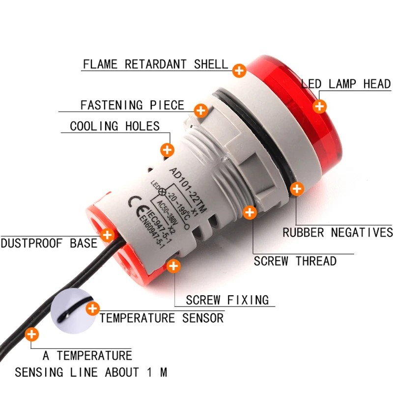 Mini termômetro digital LED com indicador quadrado redondo, sensor detector de medidor de temperatura, 22mm,-20-199-199 Celsius, 50-500V