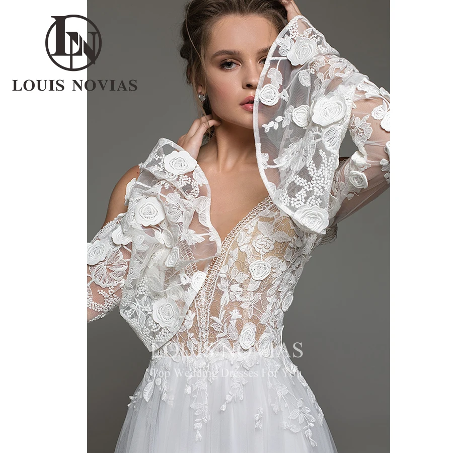 LOUIS NOVIAS-vestido De Novia bohemio, corte en A, Espalda descubierta, ilusión De encaje, cuello en V, bordado, manga acampanada, Vestidos De Novia