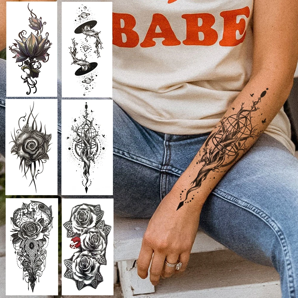 Gold Lotus Temporary Tattoo For Women Men Unique Rose Flower Fake Tattoos Sticker Hands Armbands Tree Branch Henna Lace Tatoos