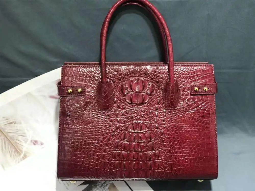 Top quality genuine crocodile skin women tote handbag alligator head back leather handbag with cow skin lining green burgundy