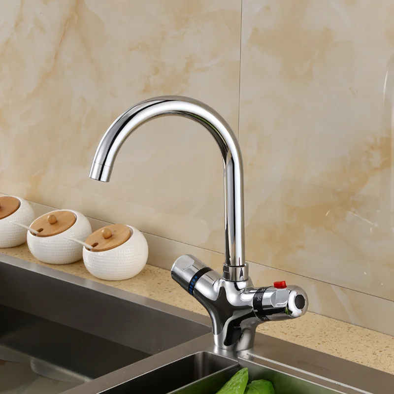 Flexible Thermostatic Faucet for Basin/Kitchen 360 Degree Rotatable Bathroom Mixing Tap Deck Mounted Brass Thermostatic Mixer