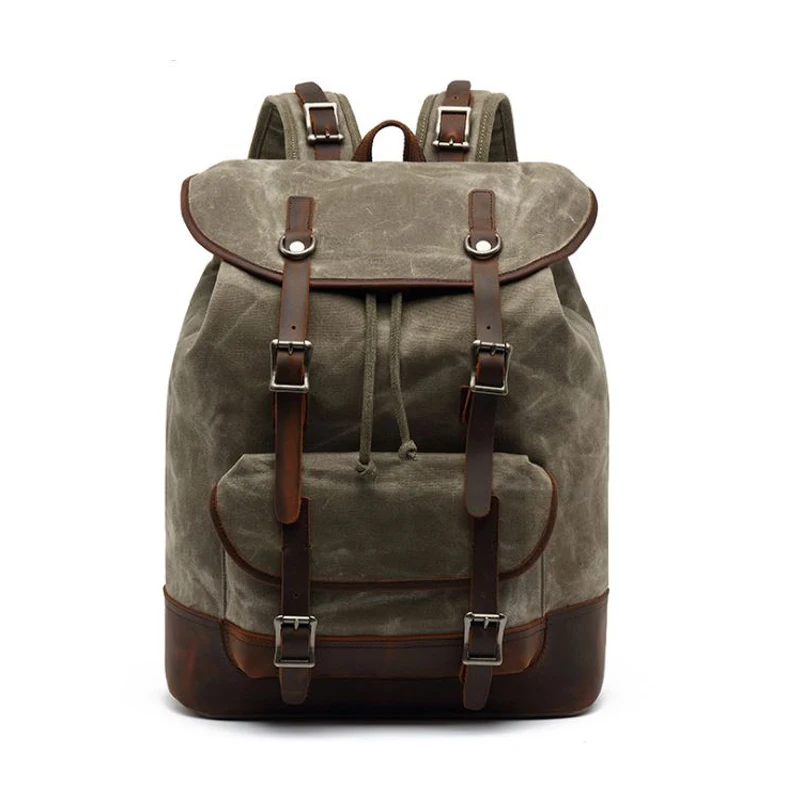 Vintage Waterproof Waxed Canvas Men's Backpack Genuine Leather Women Backpack large Rucksale teenager Travel Bag Big bagpack