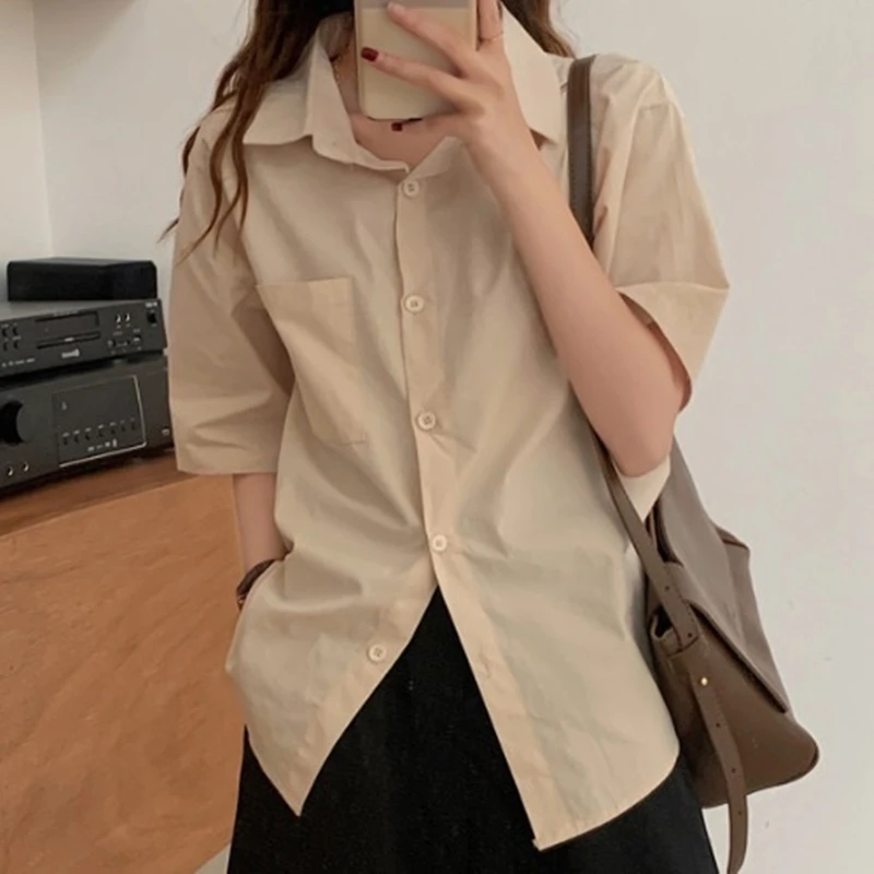 

Шикарная Женская Однотонная рубашка, офисные женские повседневные топы и рубашки, женские корейские блузки с длинным рукавом и карманами
