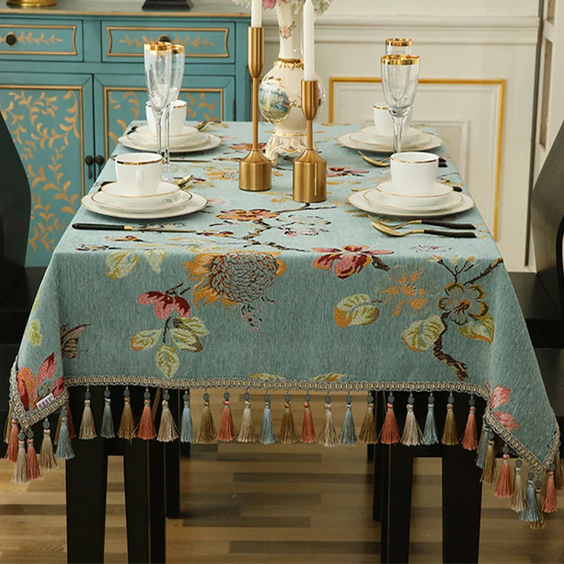 Multifunction Retro Table Cloth Cover Elegant Jacquard Rectangular Home Luxury Tea Green Tablecloth Tassel Tapete Mantel Mesa